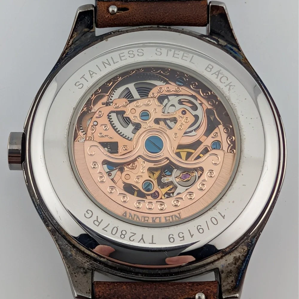 Anne Klein Automatic Skeleton Watch Rose Gold Tone Brown Leather 40mm TY2807RG